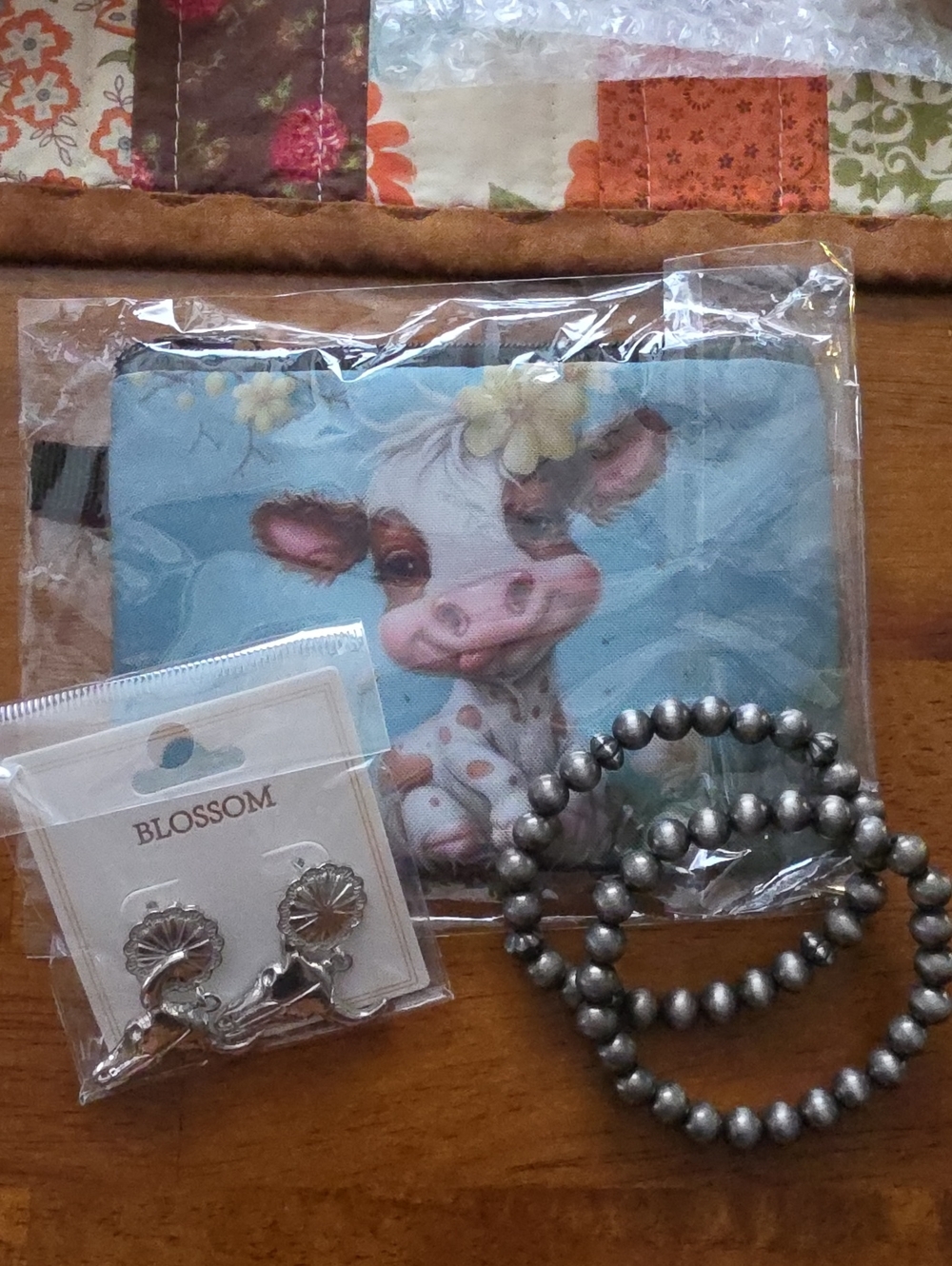 New Blue Cow Print Coin Purse,Cow Skull Dangle Earrings, 2 Gray Navajo Bracelets